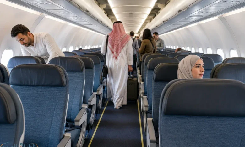 مقصورة طائرة توضح ترتيب مقاعد النافذة والوسط والممر