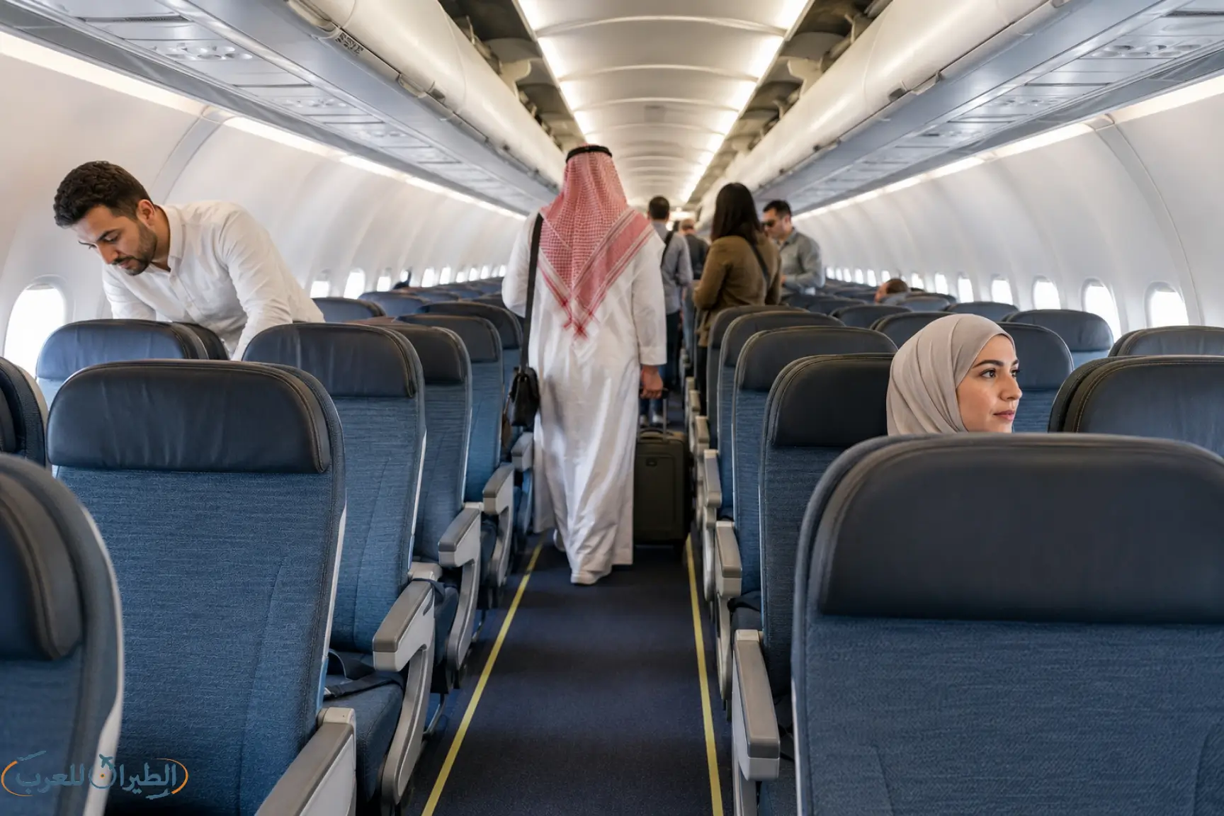 مقصورة طائرة توضح ترتيب مقاعد النافذة والوسط والممر