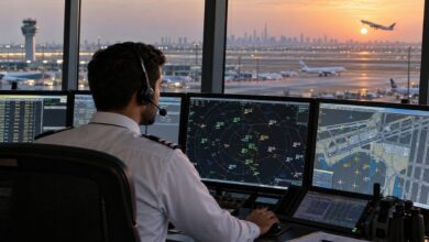 مراقب حركة جوية يعمل داخل برج المراقبة في المطار لتوضيح كيف يعمل مراقب الحركة الجوية