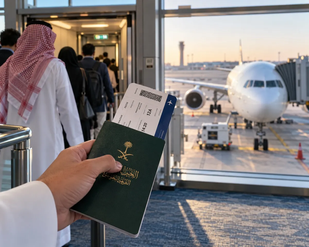 مسافر يحمل بطاقة صعود الطائرة داخل المطار قبل التوجه إلى البوابة