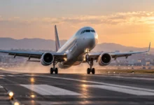 طائرة ركاب تنطلق على المدرج في مرحلة سرعة الطائرة عند الإقلاع