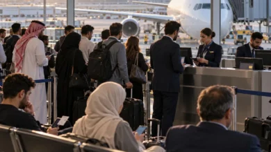 مسافر يركض نحو بوابة الصعود بعد إعلان إغلاق بوابة الصعود إلى الطائرة
