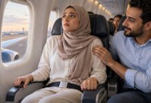 مسافر قلق على متن الطائرة يتعامل مع الخوف من الطيران