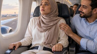 مسافر قلق على متن الطائرة يتعامل مع الخوف من الطيران