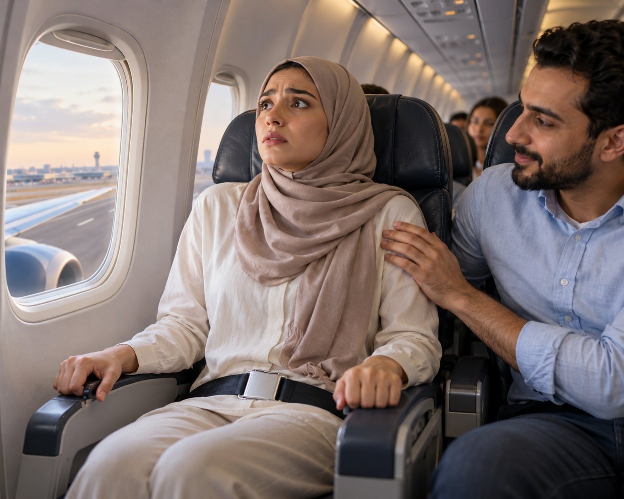 مسافر قلق على متن الطائرة يتعامل مع الخوف من الطيران