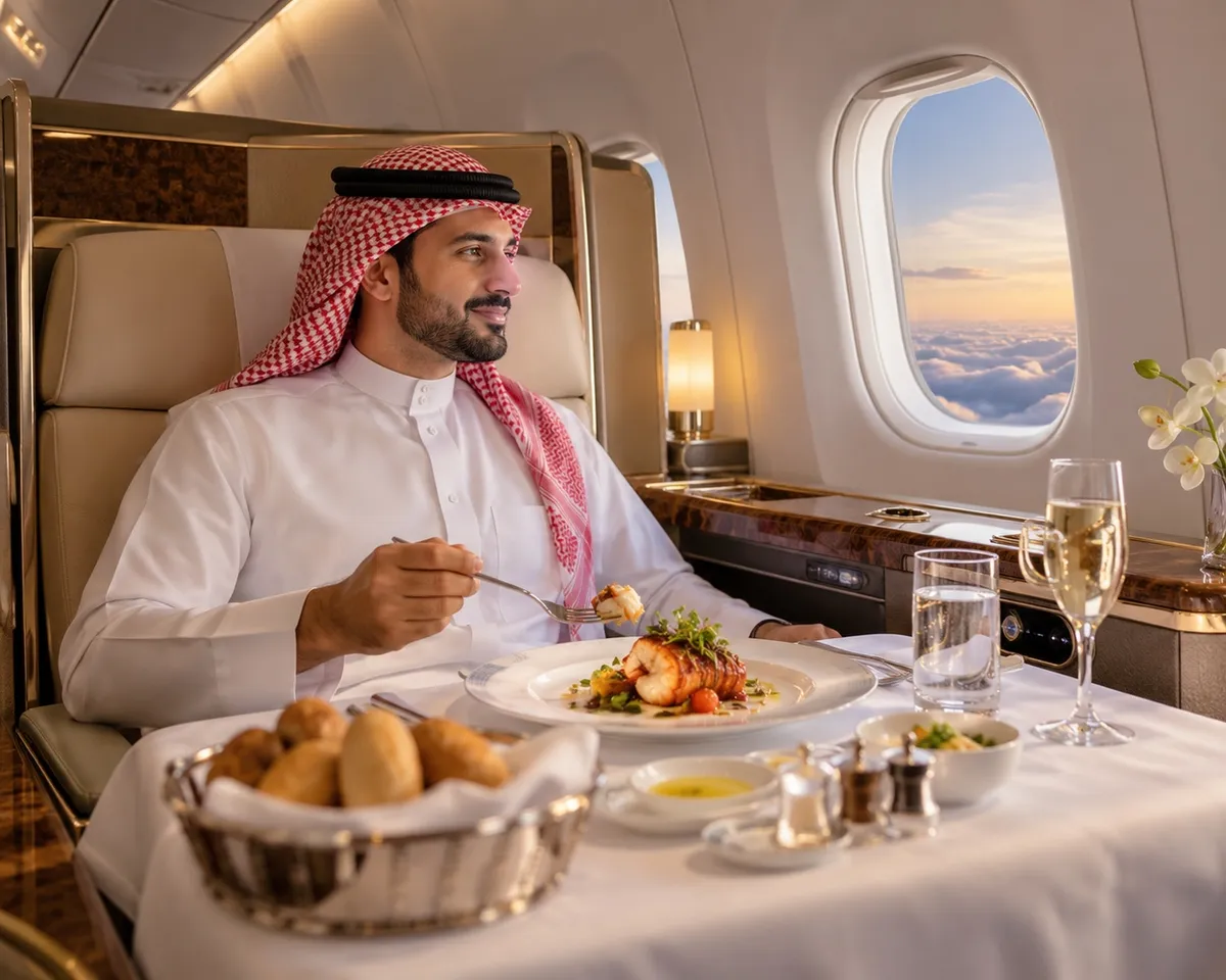 مقعد الدرجة الأولى في الطائرة متحولًا إلى سرير مريح للرحلات الطويلة