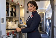 مضيفة طيران بالزي الرسمي داخل الطائرة توضح شروط مضيفة طيران