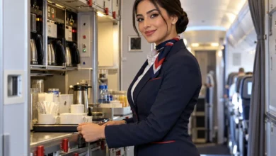 مضيفة طيران بالزي الرسمي داخل الطائرة توضح شروط مضيفة طيران