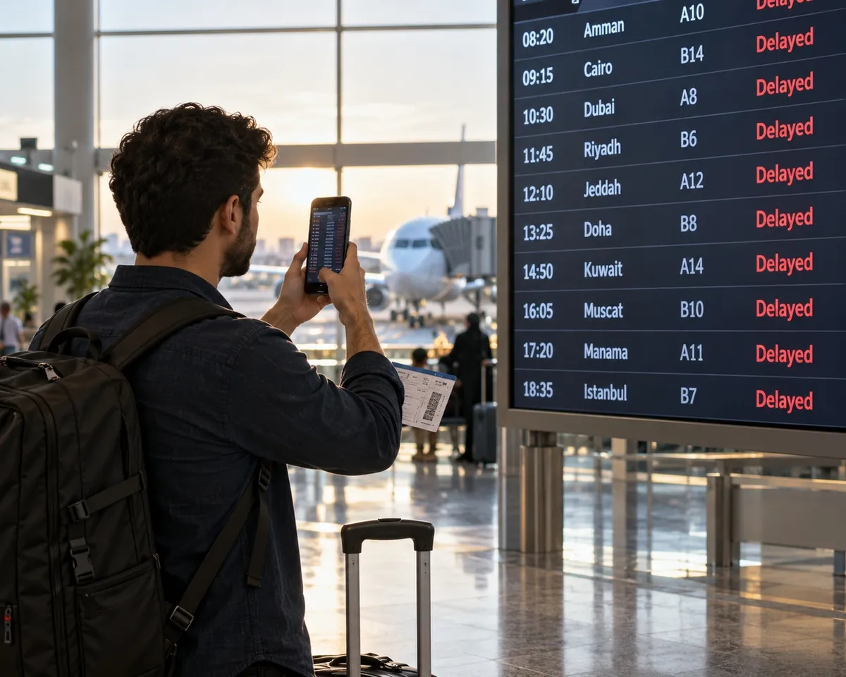 مسافر يقدم شكوى لموظف شركة الطيران للمطالبة بتعويض التأخير
