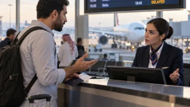 مسافرون ينتظرون في صالة المطار بسبب تأخير الرحلة وتعويض تأخير الرحلة