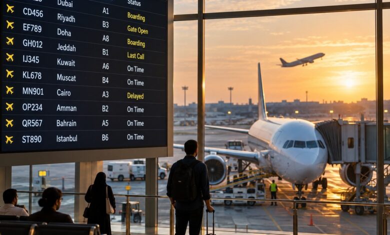 شاشة معلومات في المطار تعرض أرقام الرحلات الجوية ورموز شركات الطيران