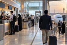 مسافرون داخل صالة المطار يوضحون كيف يعمل المطار ومراحل السفر