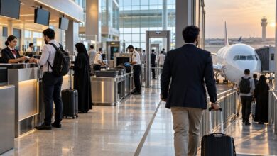 مسافرون داخل صالة المطار يوضحون كيف يعمل المطار ومراحل السفر