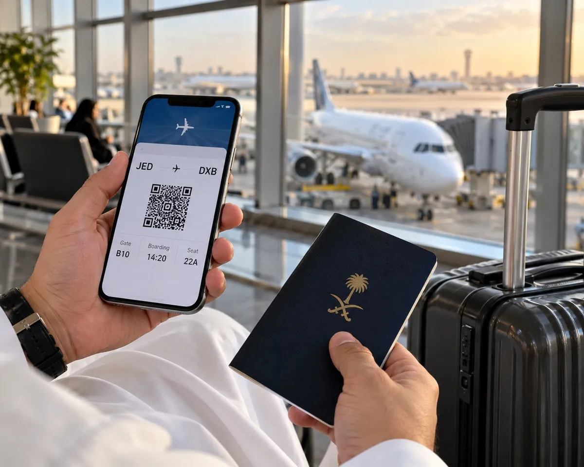 بطاقة صعود رقمية على شاشة هاتف داخل صالة المطار قبل الرحلة