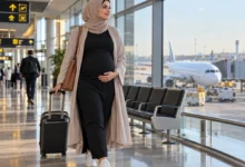 امرأة حامل جالسة في مقعد الطائرة أثناء رحلة جوية في موضوع سفر الحامل بالطائرة