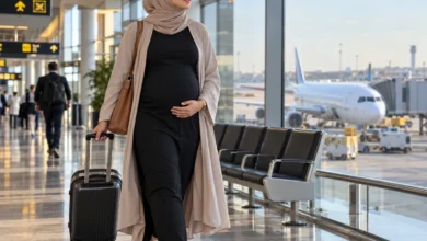 امرأة حامل جالسة في مقعد الطائرة أثناء رحلة جوية في موضوع سفر الحامل بالطائرة