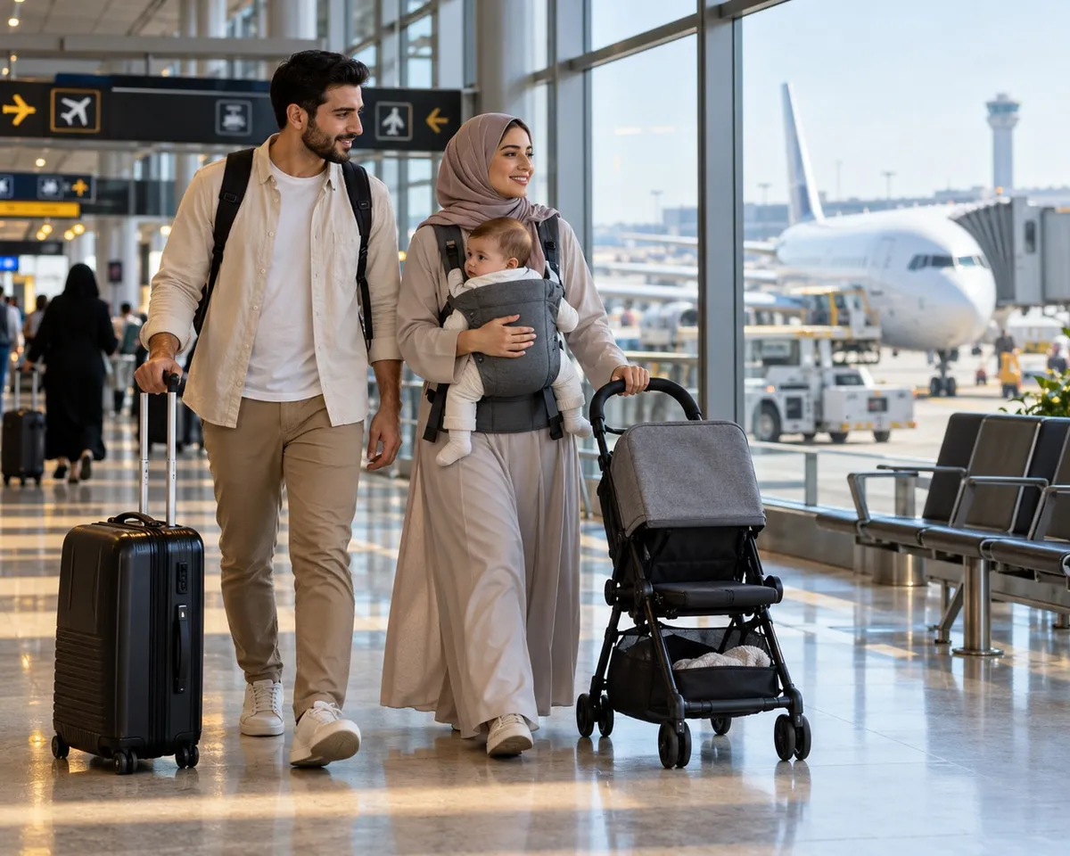 أم تحمل رضيعها داخل مقصورة الطائرة أثناء السفر بالطائرة مع رضيع