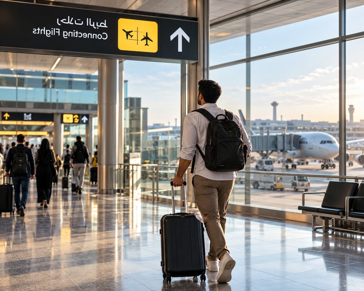 شاشة مغادرة في مطار تعرض بوابات رحلات الربط للمسافرين