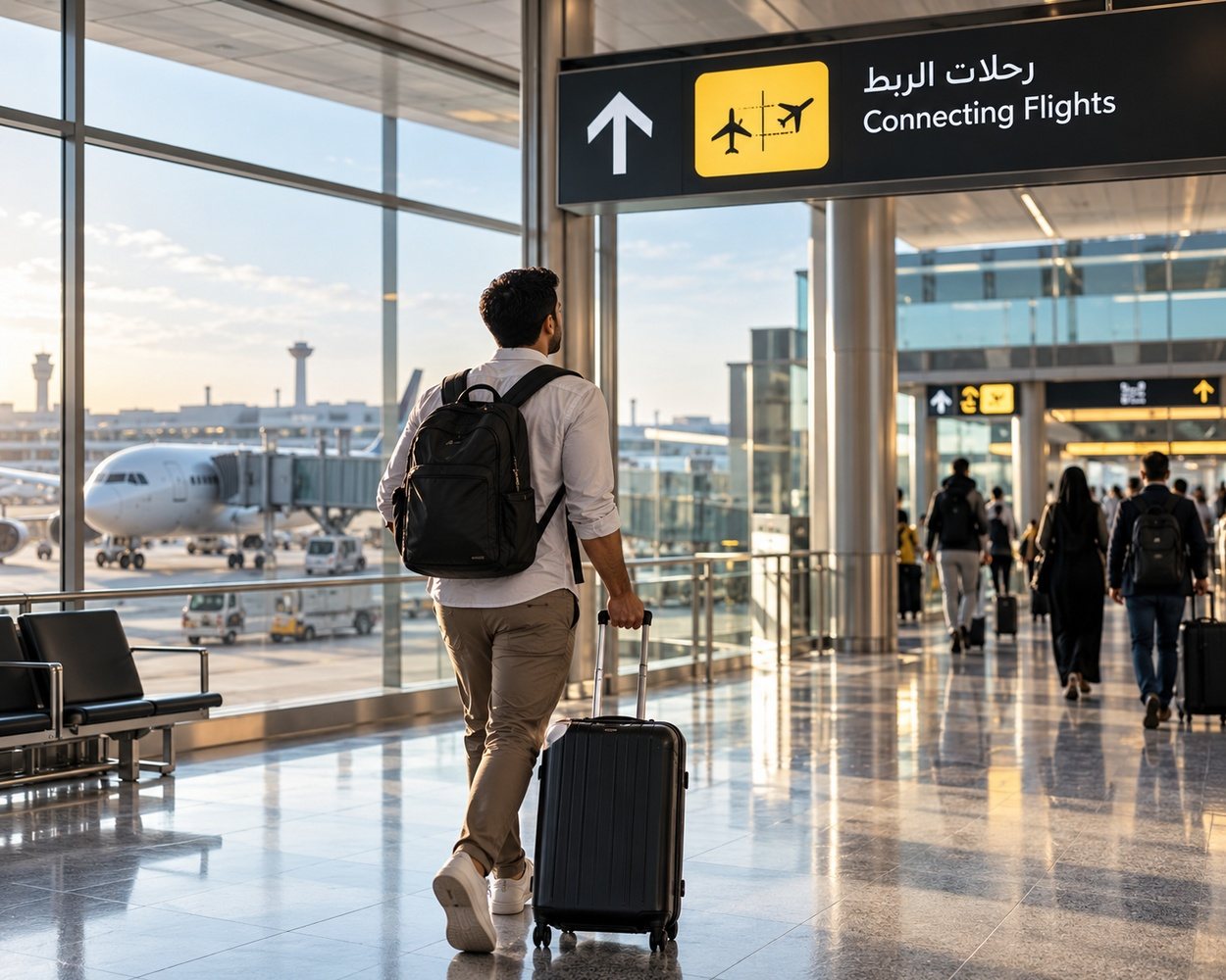مسافرون يتبعون لوحات الإرشاد في مطار أثناء الترانزيت بين رحلتين