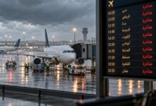 مسافرون ينتظرون في صالة المطار أمام شاشة تعرض تأخر الرحلات الجوية