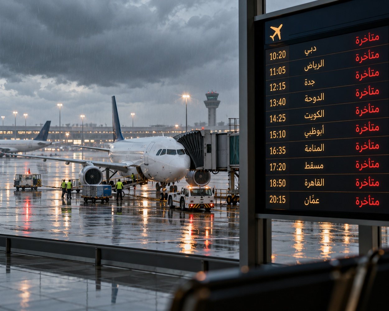 مسافرون ينتظرون في صالة المطار أمام شاشة تعرض تأخر الرحلات الجوية